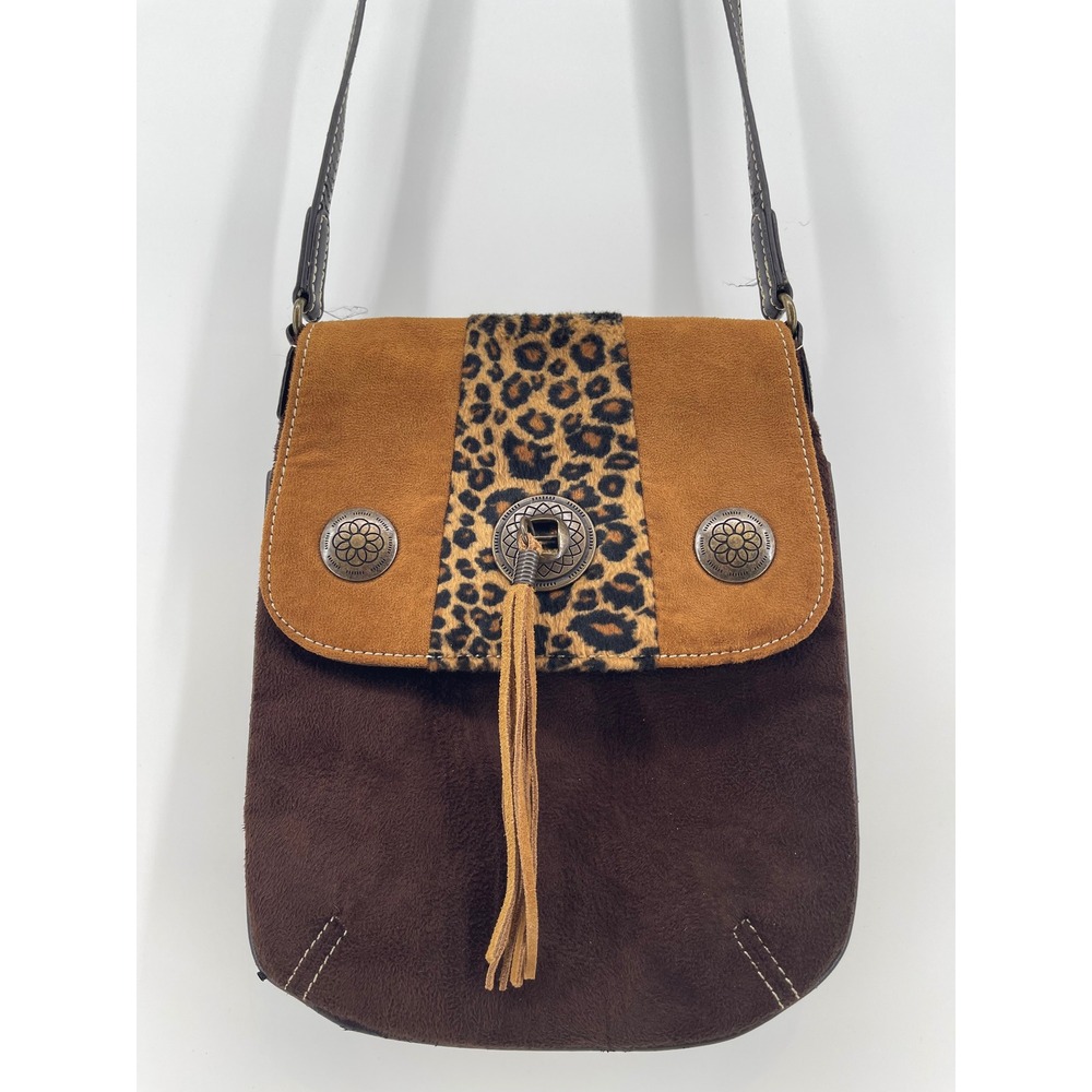 Minnetonka Womens Brown Leopard Print Faux Suede Crossbody Bag‎ Western Tassel